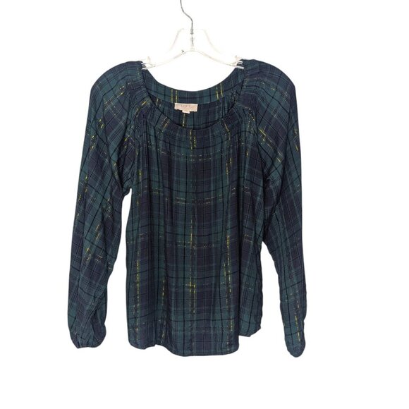 Loft Outlet Tartan Navy Green Plaid Tunic w/Gold Thread Accent, Size M - Picture 1 of 4